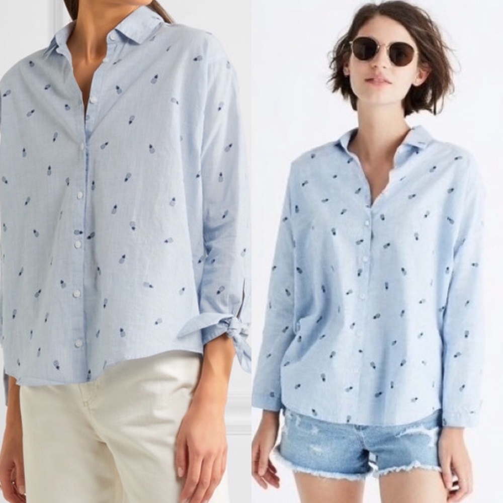 Madewell XS Pineapple Chambray Blouse Tie Sleeve